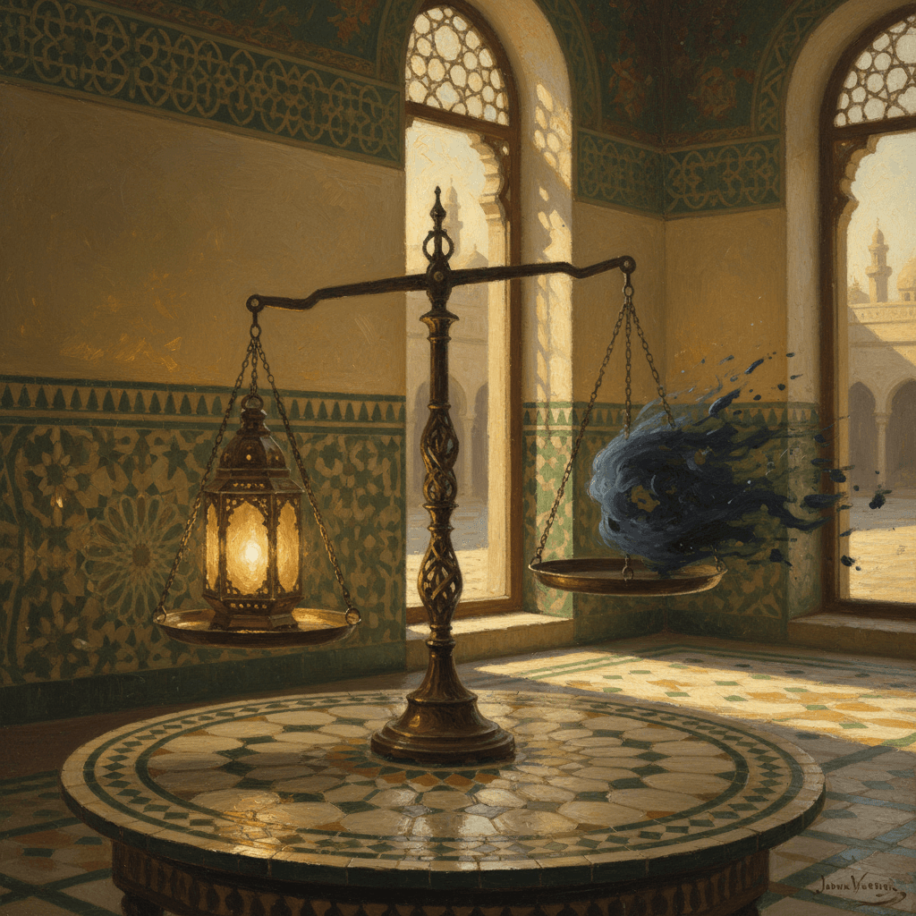 An open Quran on a wooden desk beside a notebook and prayer beads in warm morning light