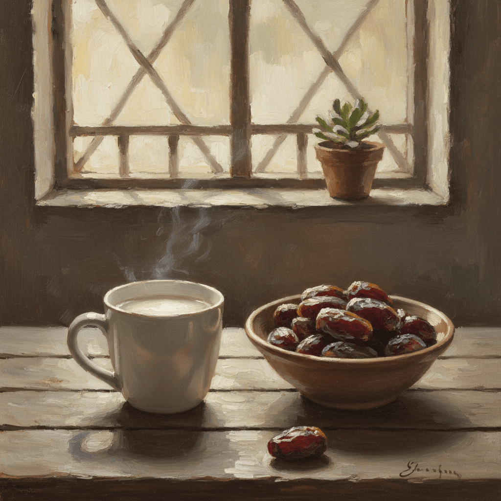 A person in prayer on a simple prayer mat at dawn, soft golden light from a window