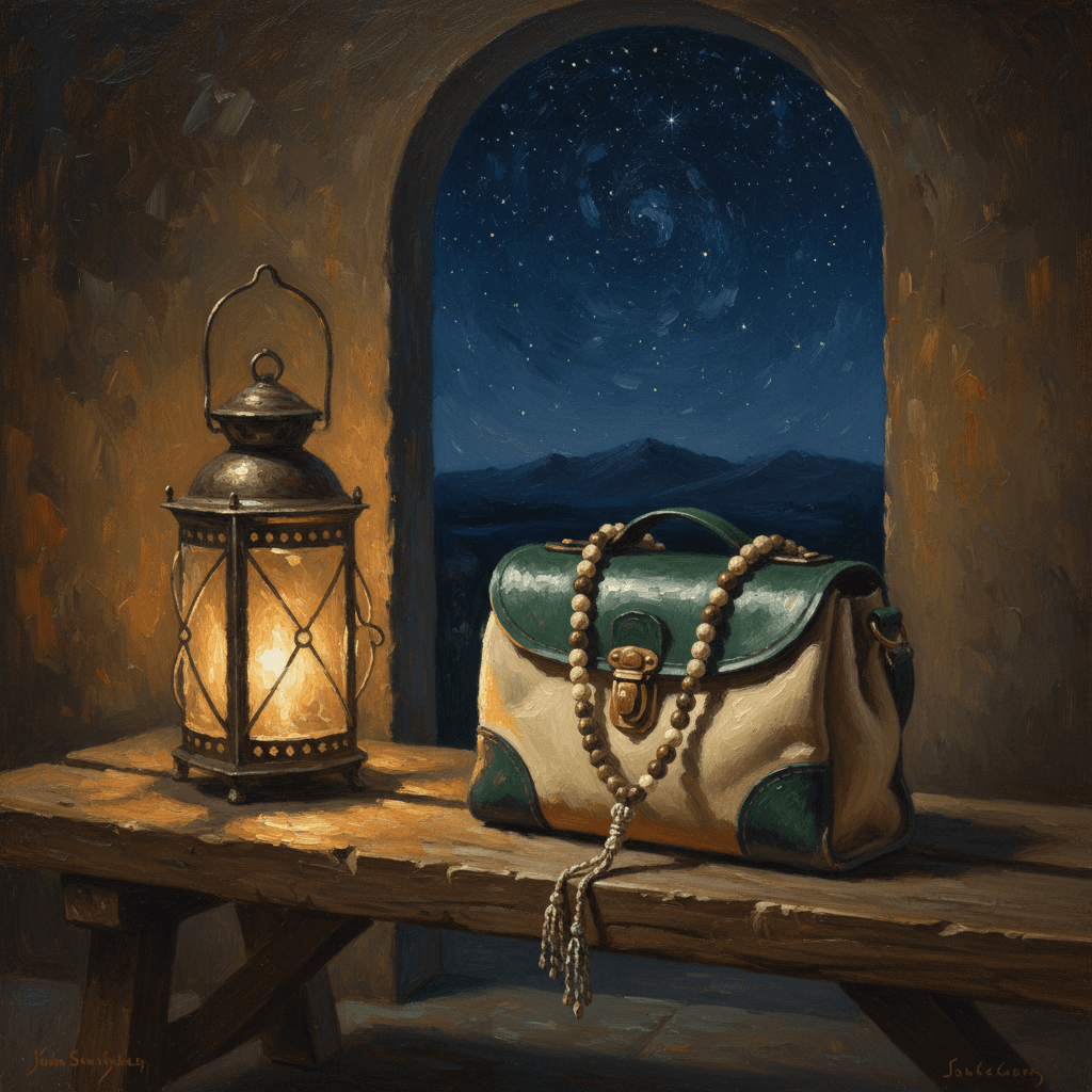 A traveller's prayer mat rolled up beside a bag at dawn, representing the Islamic concession to combine prayers when on a journey