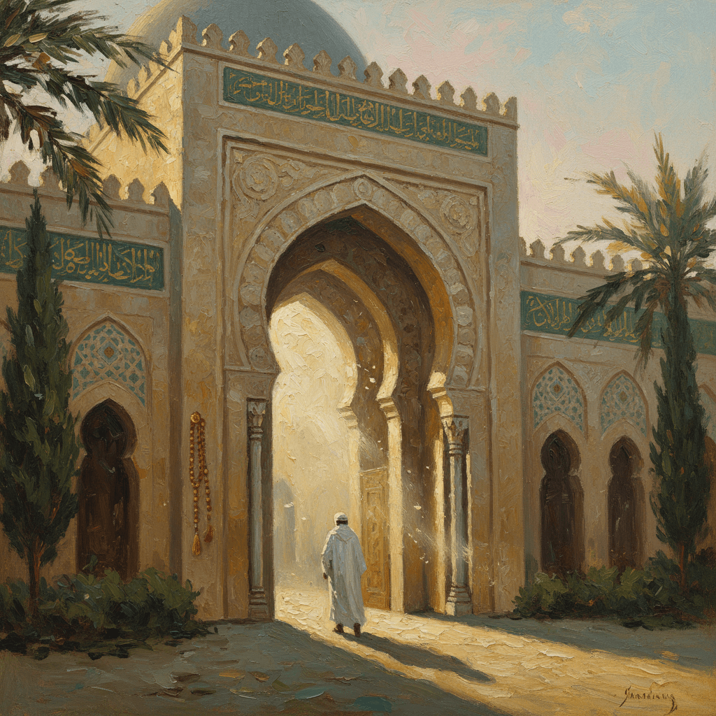 A serene row of worshippers standing in prayer at dusk, representing the communal duty of the funeral prayer