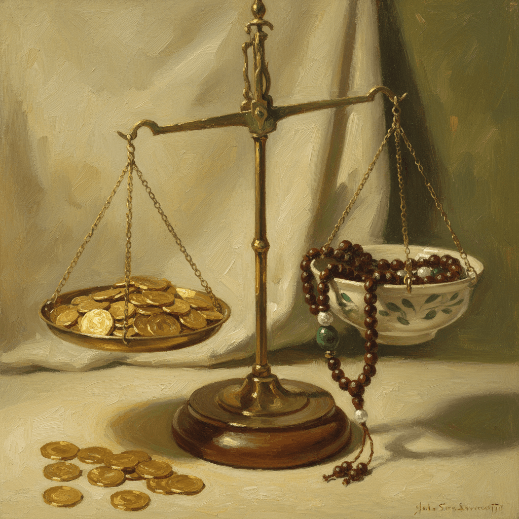 An open ledger with prayer beads resting beside a pen, warm dawn light through an arched window