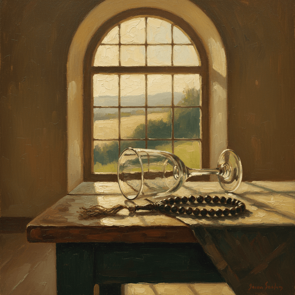 An empty glass goblet tipped on its side beside prayer beads on a wooden table, warm dawn light, cream and deep green tones
