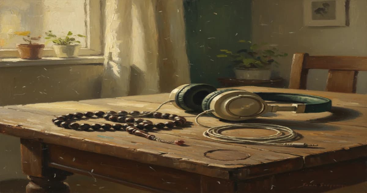 Headphones resting beside a lit candle and prayer beads, soft warm evening light, cream and amber tones