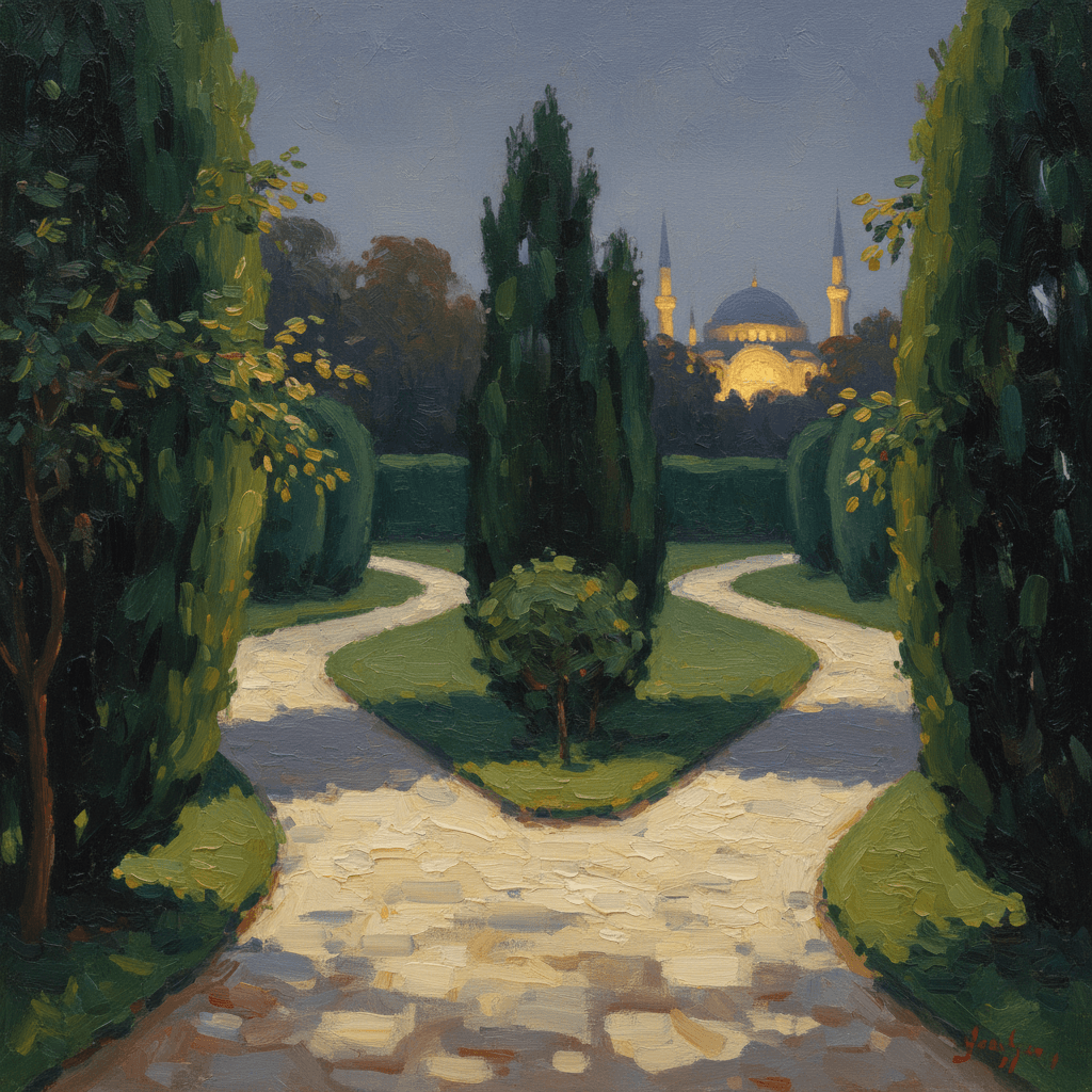 Two paths diverging through a garden at dusk, one leading toward a lit mosque in the distance, warm amber tones