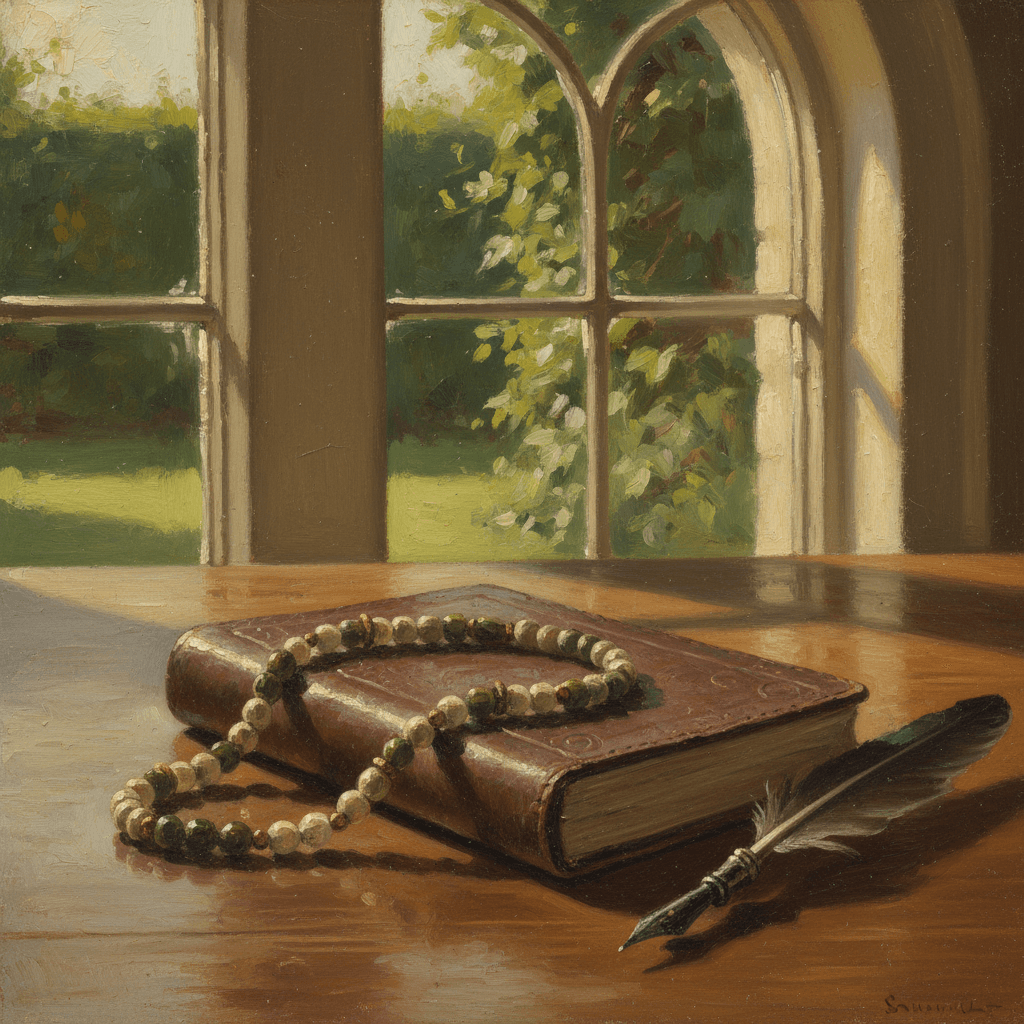 Prayer beads resting on a closed notebook beside a pen on a wooden desk, warm morning light, cream and deep green tones
