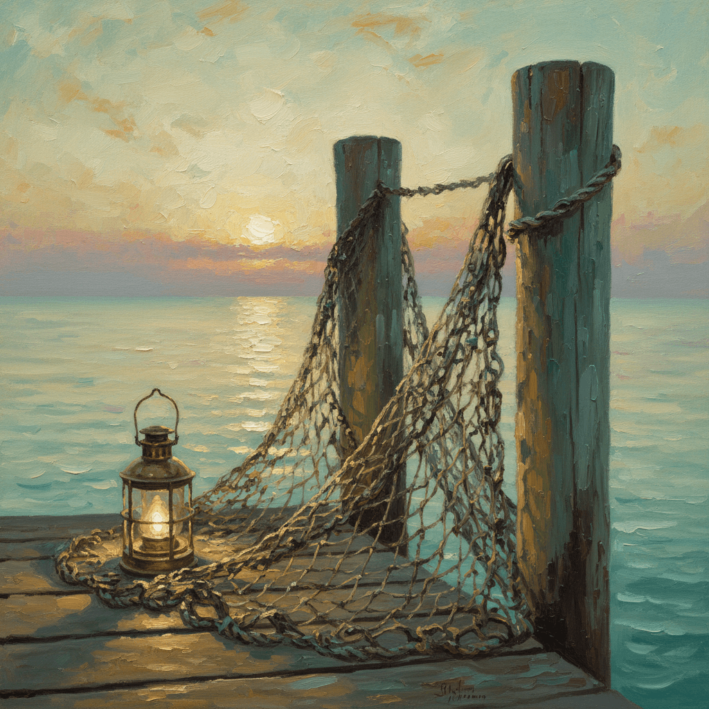A fisherman's net by the seashore at golden hour, waves in the background, warm amber light on weathered wood, cream and deep blue tones