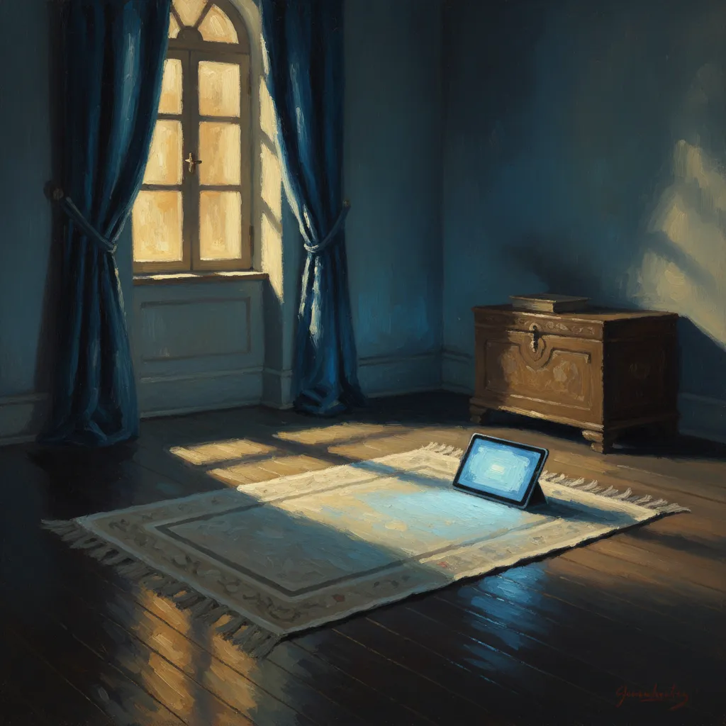 A closed laptop beside prayer beads on a wooden desk, soft afternoon light through a window, warm tones
